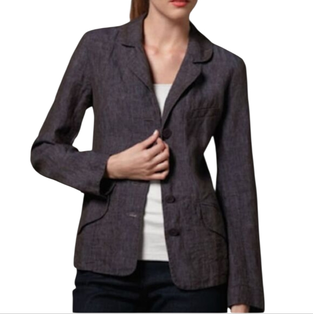 Eileen Fisher Dapple Rumpled Linen Delave Notch Collar Shaped Jacket  NWOT Sz 12
